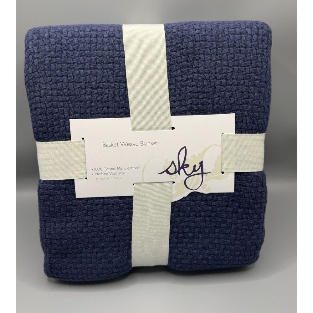Sky Basket Weave 100% Cotton Full/Queen Bed Blanket Navy Blue New